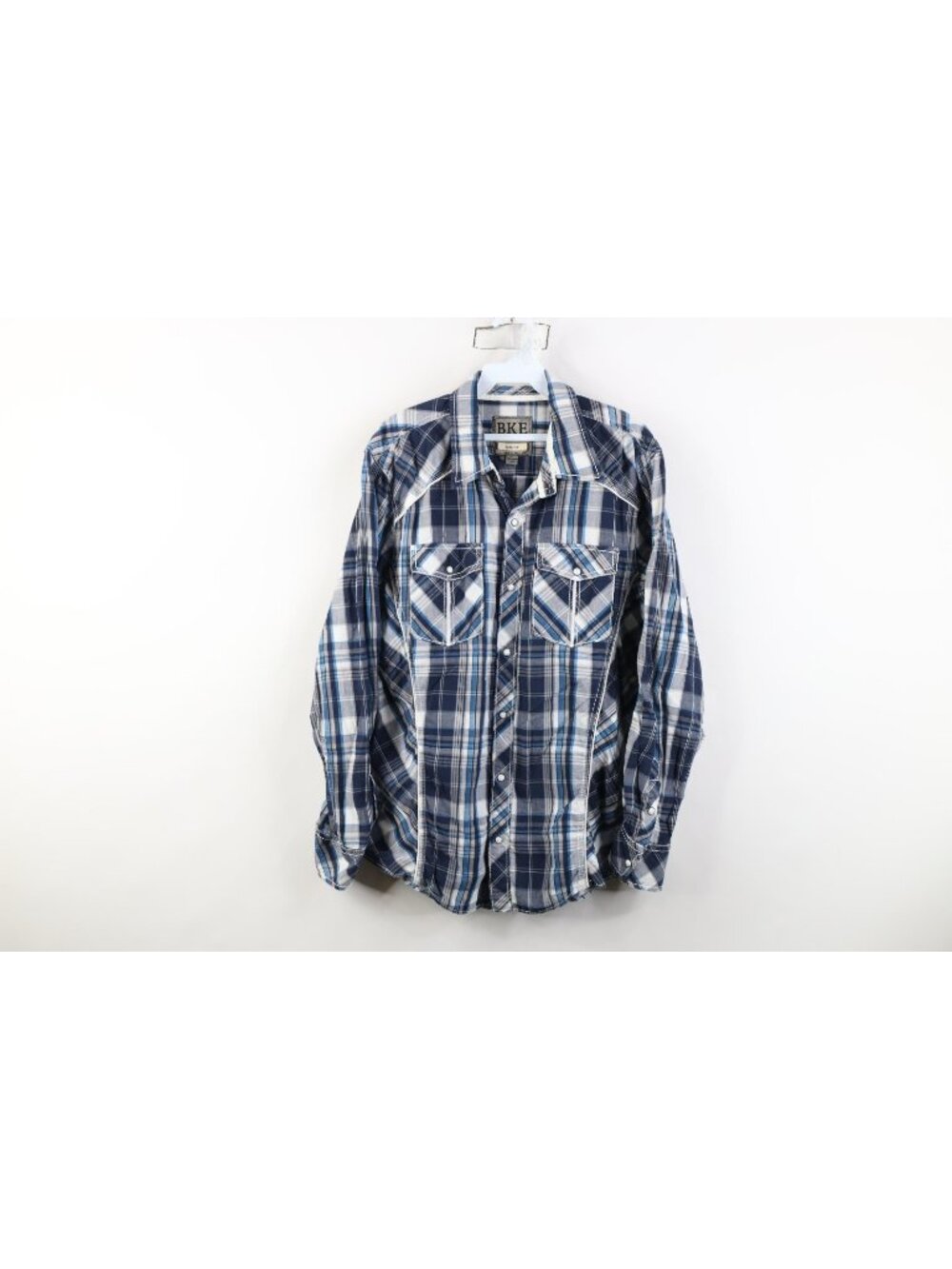Buckle BKE Mens Large Slim Fit Thick Stitch Western Snap Button Shirt Blue Plaid
